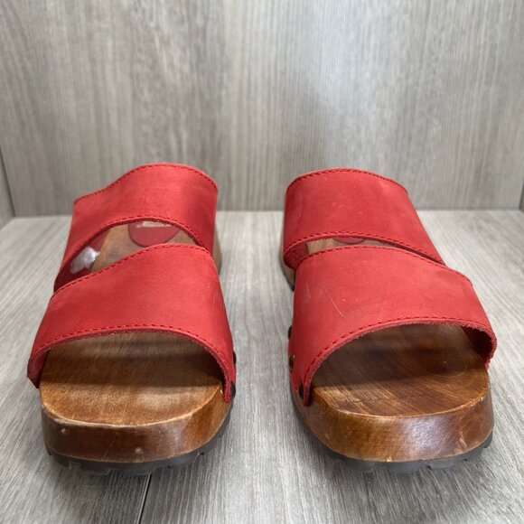 Bongo Wooden Platform Clog Sandal Size 9 Slip On Block Heel Open Toe Leather Red - Picture 5 of 12